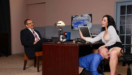 Hot american brunette milf Jayden Jaymes blows on cock and gets a cumshot on face in office